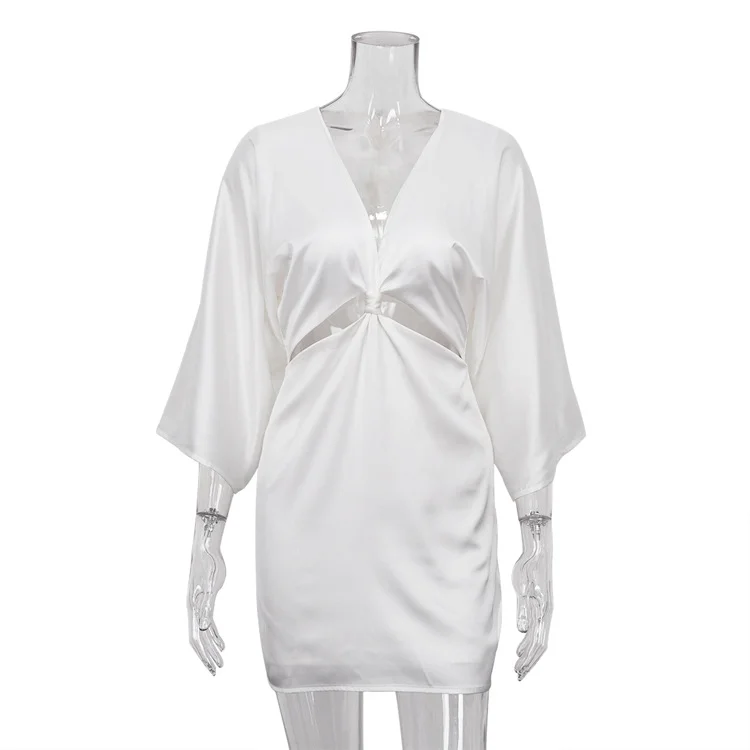 Ueong Ueong Wind 2024 Summer New White Satin Deep V-Neck Hollow Kink Seven Minute Sleeve Tight Dress