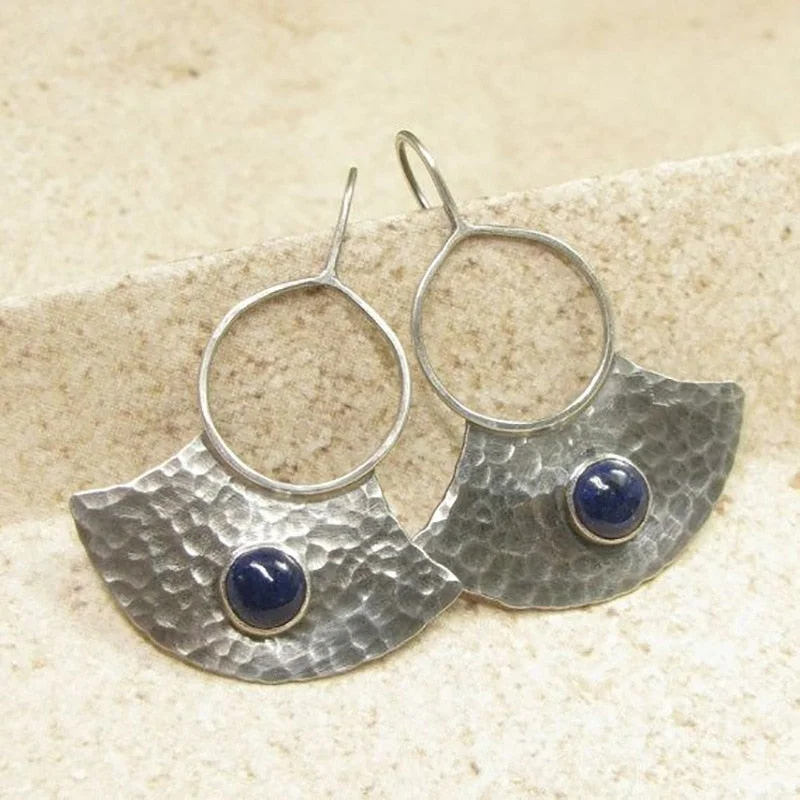 Vintage Boho Fan Metal Dark Blue Stone Dangle Earrings Tribal Jewelry Hollow Round Welding Hook Drop Earrings for Women