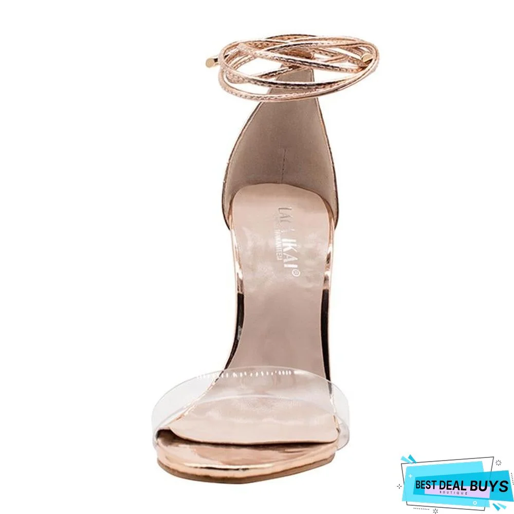 Women Heeled Sandals Bandage Rhinestone Ankle Strap Pumps Square Heels Sandals