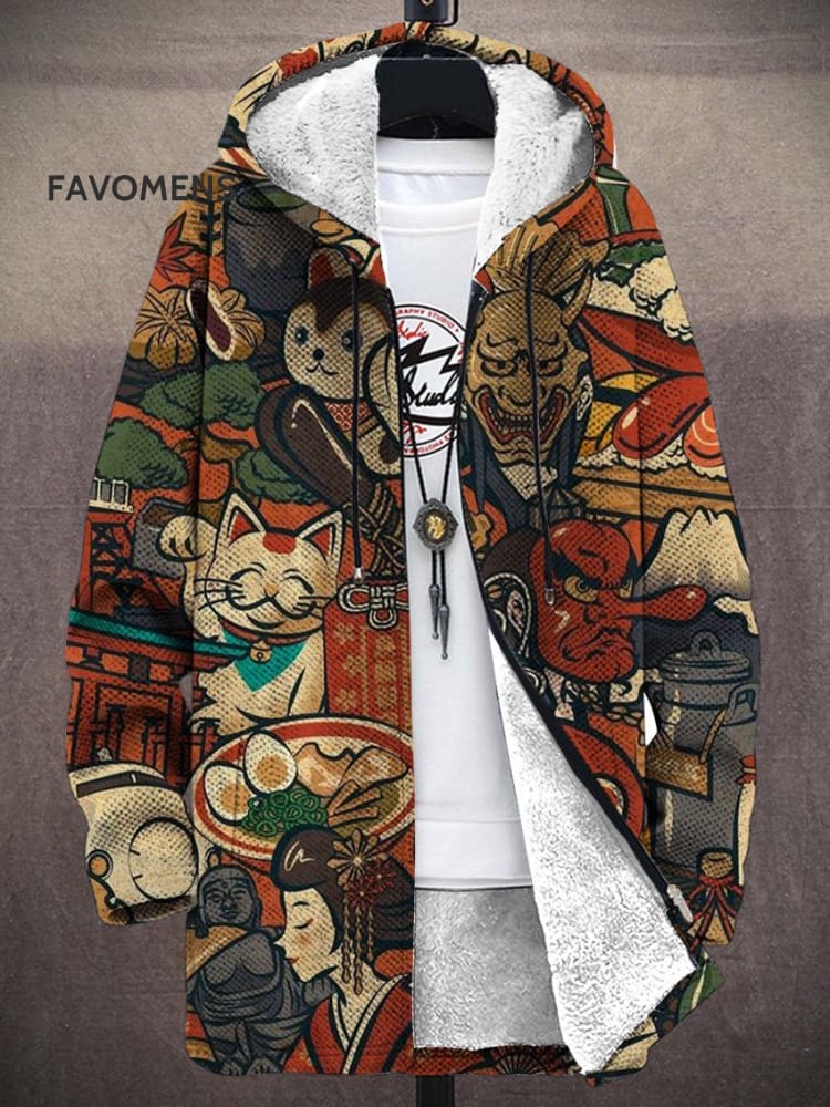 Vintage Japanese Art Ukiyo-E Monster And Lucky Cat Print Unisex Plush Thick Long-Sleeved Sweater