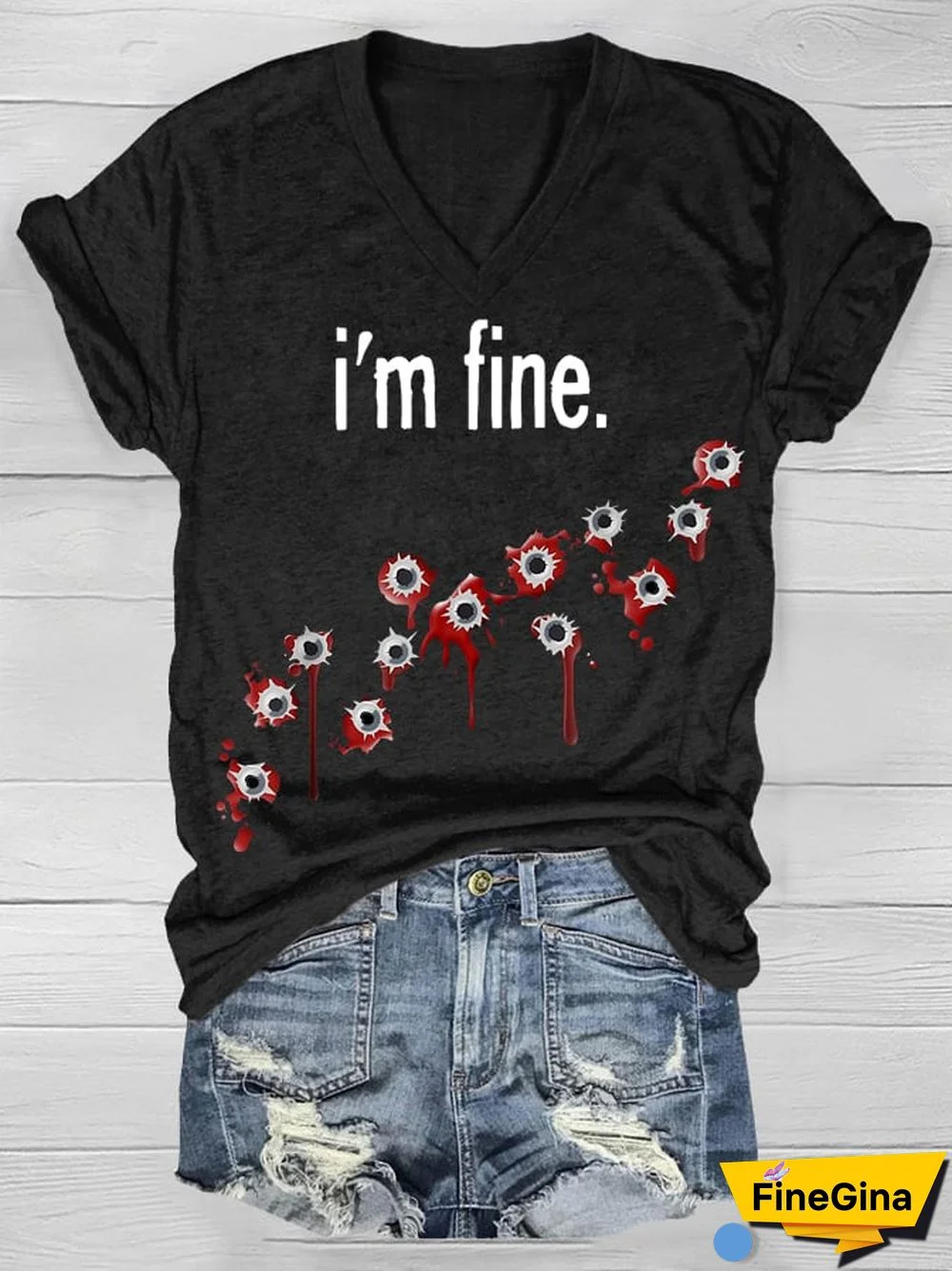 Halloween I'm Fine Bloody Print T-Shirt