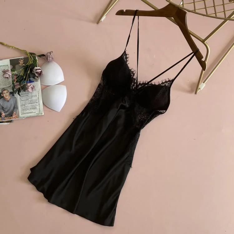 Uaang Lace Satin Nightdress Lady Strap Backless Nighty Gown Summer Sleeveless With Chest Pads Nightgown Sleepshirt Lounge Sleep Dress