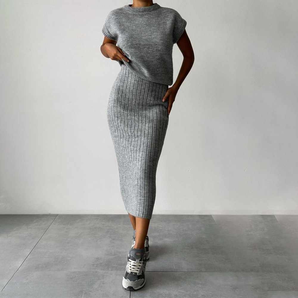 Ootddress Knit Sweater 2 Piece-Set Women Loose Ribbed Sleeveless Pullover And High Waist Long Skirt Outfits Knitwear Women's Sets