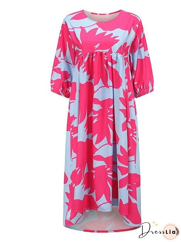 Women's Dress - Casual Dress Midi Dress Black White Pink 3/4 Length Sleeve Leopard Ruched Summer Spring Fall Autumn Crew Neck Stylish Weekend S M L XL XXL