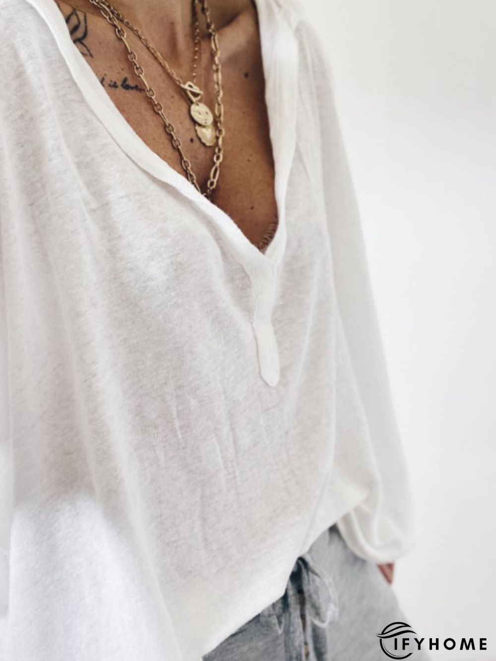 White Solid Long Sleeve V Neck Casual Tops | IFYHOME