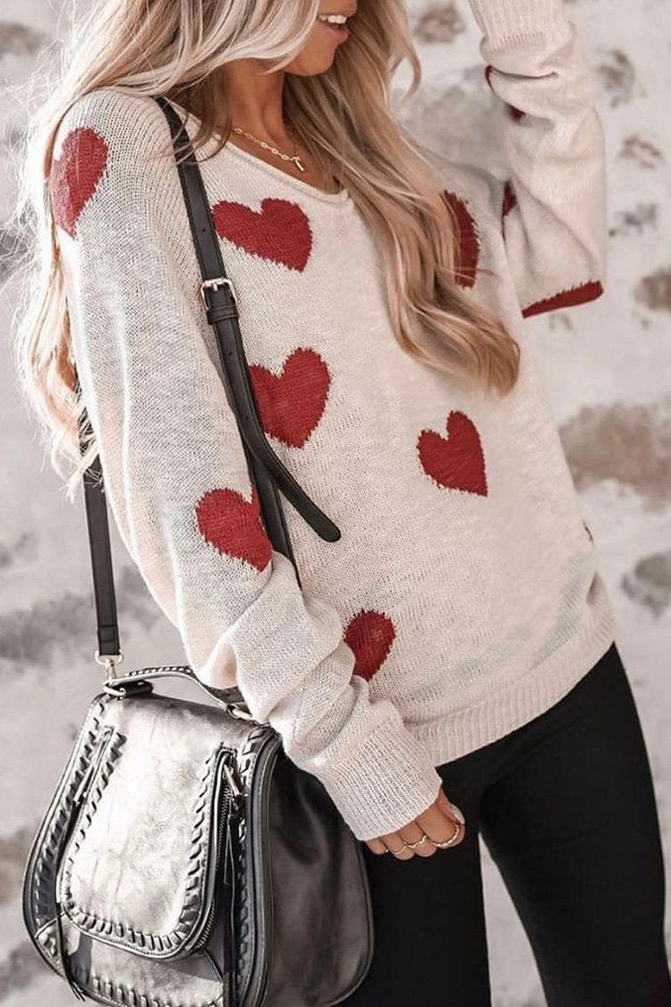 Heart Print V-Neck Knitted Sweater