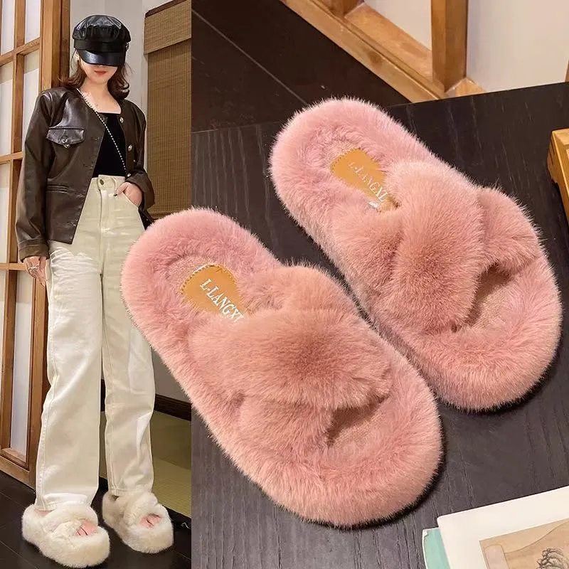 Breakj Breakj Tide Slew Soft 7Cm External Wear Hairy Slippers Women Flat-Bottom One-Word Drag Autumn New Thick