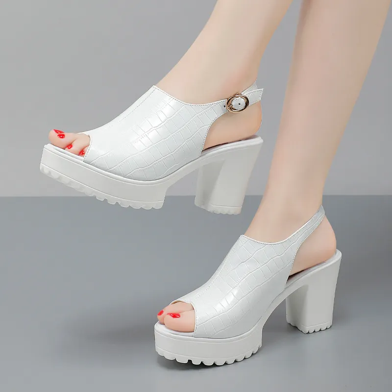 Breakj Breakj Mouth Patent Leather Crocodile High Heel Sandals Summer White Wedding Shoes Waterproof Table Thick Cheongsam Walking Shoes Coarse Heel Women's Shoes