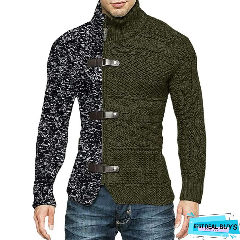 High Neck Sweater Men's Color Matching Leather Buckle Long Sleeve Knitted Cardigan