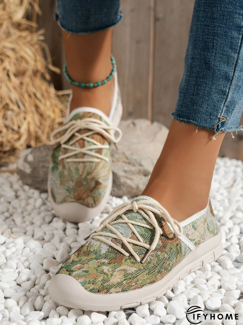 Plus Size Graphic Pattern Lace-up Front Linen Shoes | IFYHOME