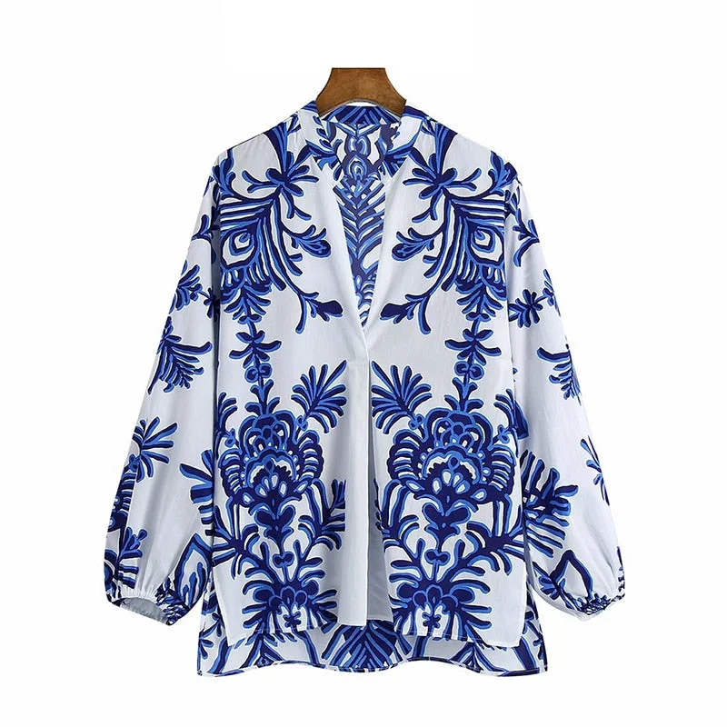 TRAF Women Chic Fashion Totem Print Asymmetric Blouses Vintage Long Sleeve Side Vents Female Shirts Chic Tops