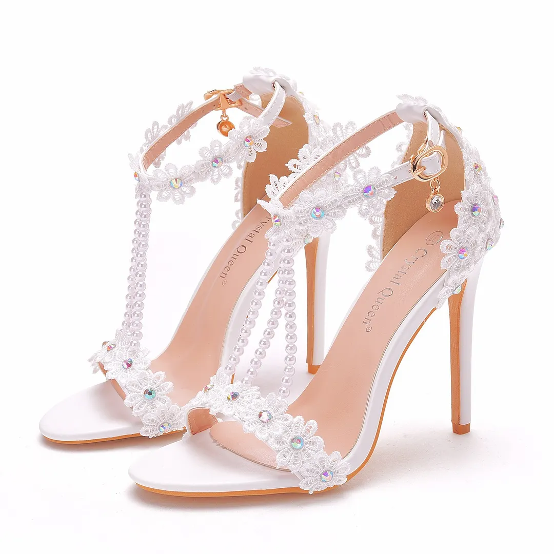 Breakj Breakj White Buckle Shoes Fine Heel Fish Mouth Roman Exposed Toe Sandals 11 Cm Beaded High-Heeled Sandals