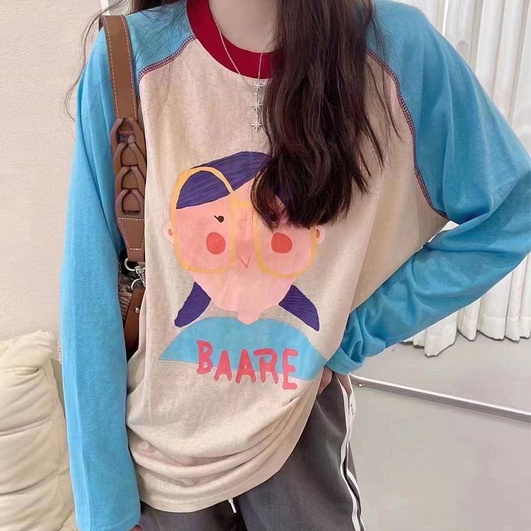 Vintage Chic Girl Print Colorblock Sweatshirt - Modakawa Modakawa