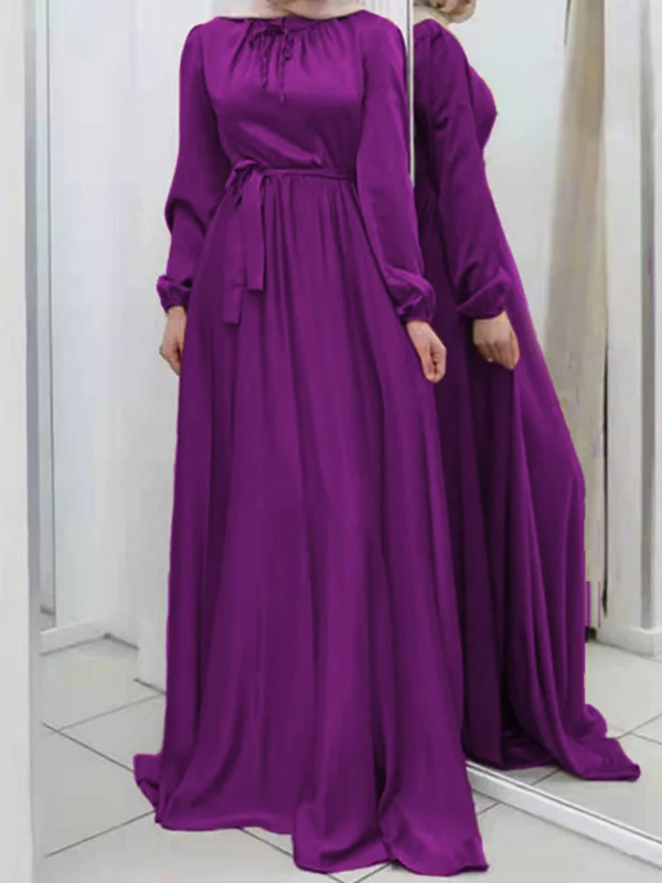 Tied Waist Solid Color Pleated Loose Long Sleeves Maxi Dresses