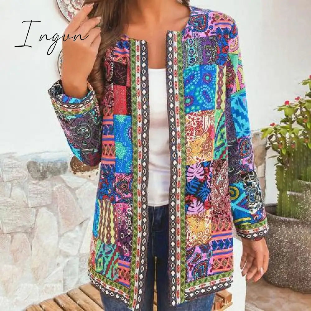 Ingvn - 6Xl Jacket Coat Women Fashion Autumn Winter Ethnic Floral Print Long Sleeve Loose Cardigan