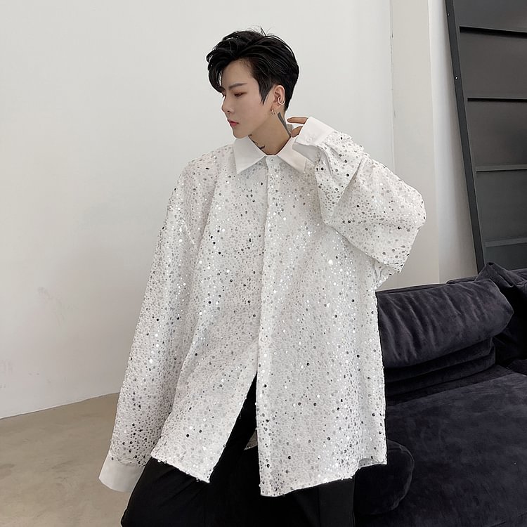-Autumn Sequined Men's Loose Long-sleeved Shirt-Usyaboys-Mne and Women's Street Fashion Shop-Christmas