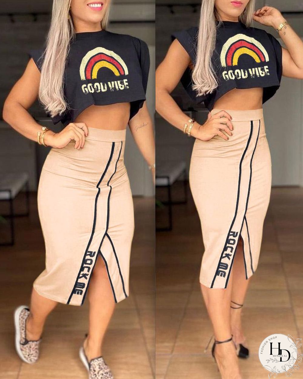 Rainbow Letter Print Top & Slit Skirt Set