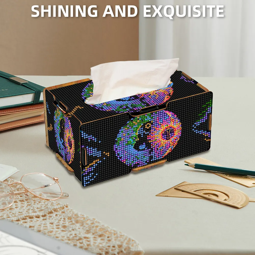 Sun and Moon Diamond Painting Tissue Box Wooden Diamond Art Tissue Storage Box