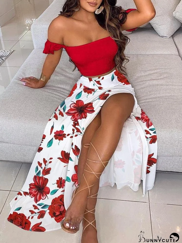 Off Shoulder Ruffles Top & Floral Print High Slit Skirt Set