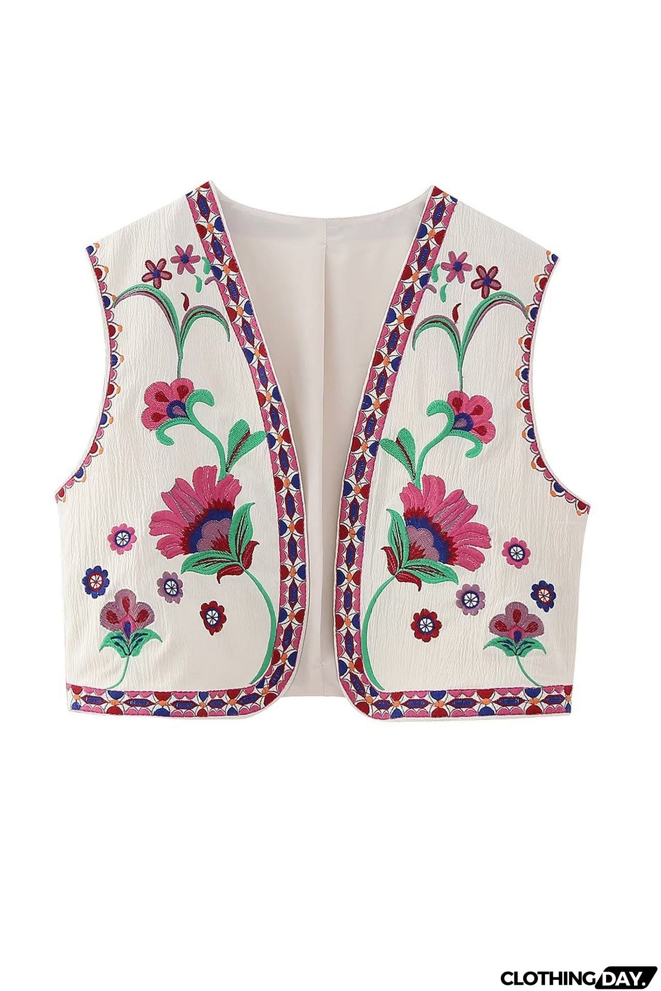 Vintage Floral Embroidery Open Front Vest