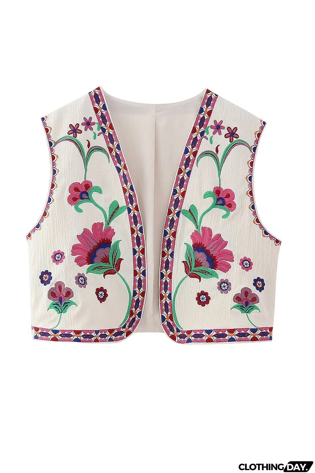 Vintage Floral Embroidery Open Front Vest