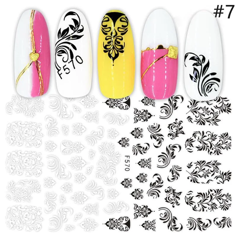 1pcs Black White Letter Stickers For Nails Flower Leaf Linear Transfer Decals Slider 3D Nail Art Decorations Wraps