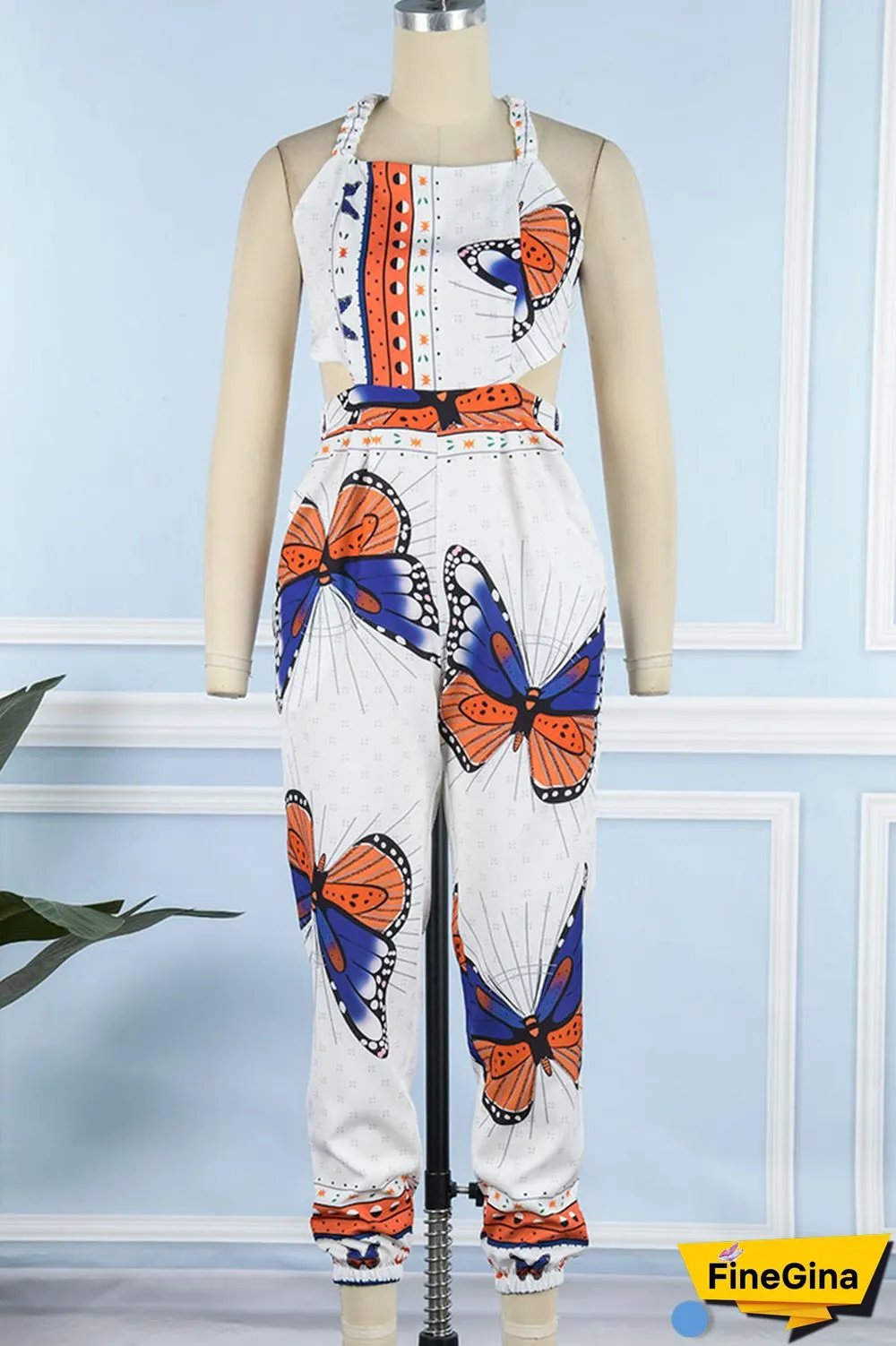 White Sexy Print Bandage Patchwork Backless Spaghetti Strap Regular Jumpsuits