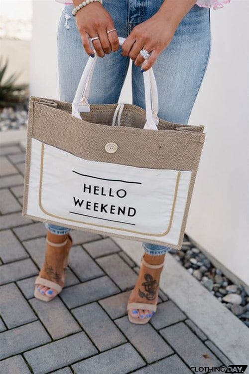 HELLO WEEKEND Jute Tote Bag