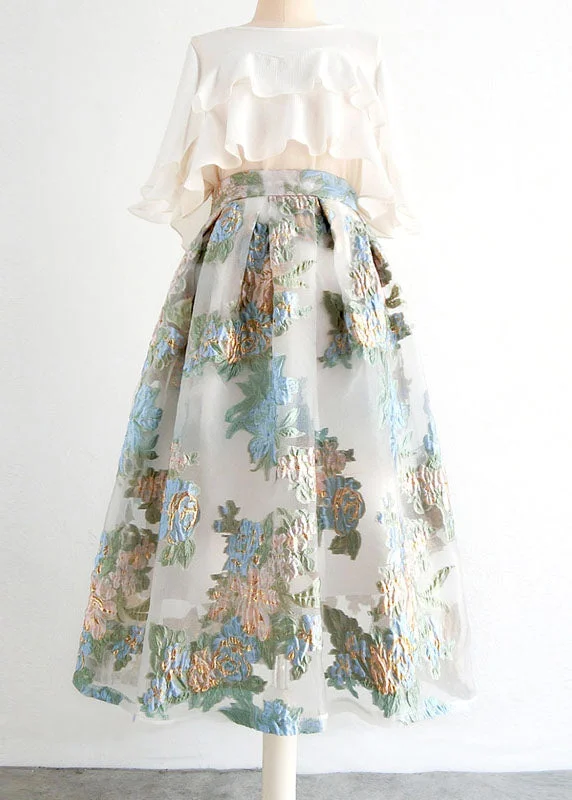 Elegant White Wrinkled Embroideried Patchwork Tulle Skirts Spring