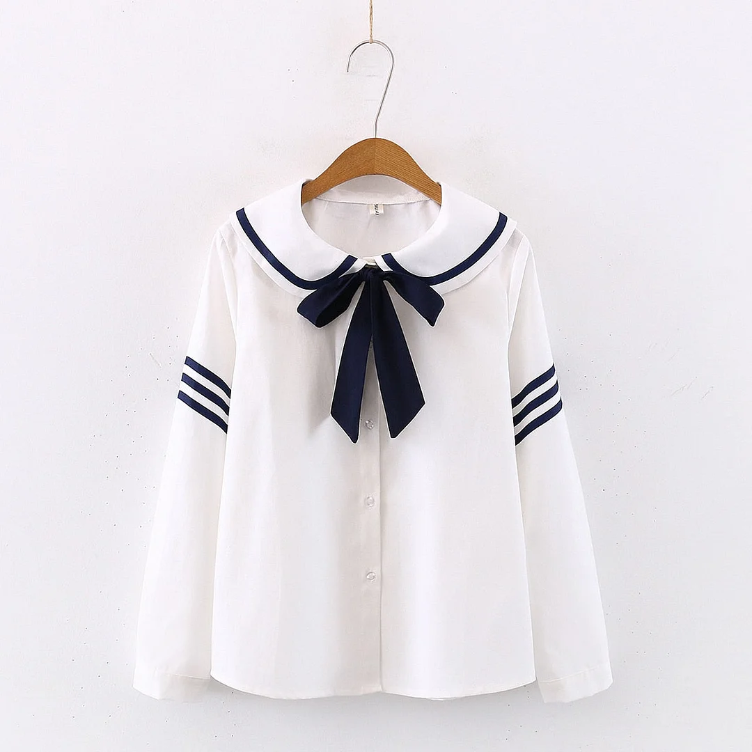 2021 Spring New Women Cotton Sailor Collar Full Sleeve Blouse With Bow Girl Sweet JK Short Shirt Striped Autumn Casual Tops T113