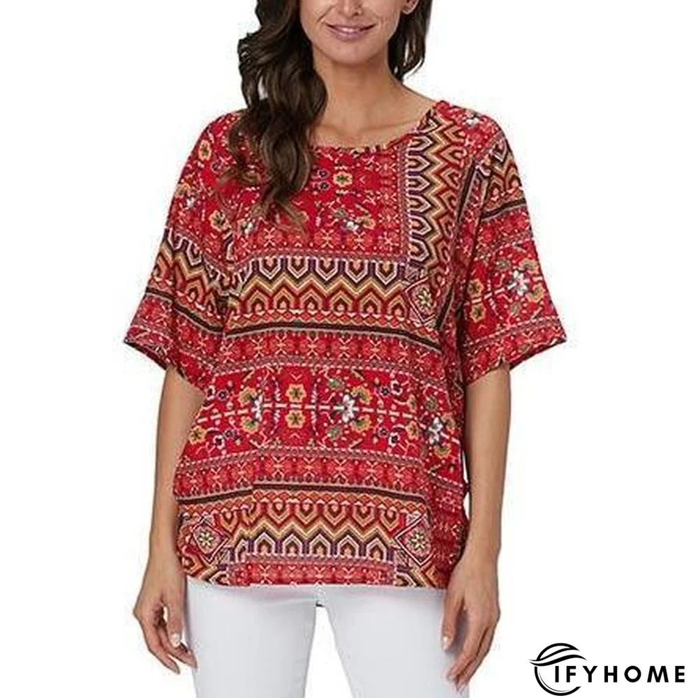 Women's Plus Size Short Sleeve Tops Floral Print Casual 100% Cotton Blouses | IFYHOME