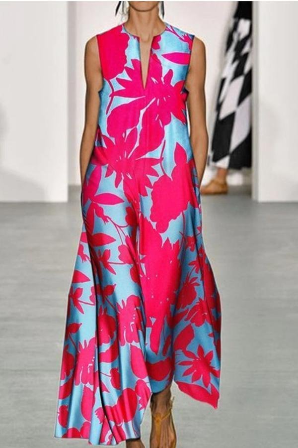 Womens Charming Elegant Big Flower Print Sleeveless Long Dress-Allyzone-Allyzone