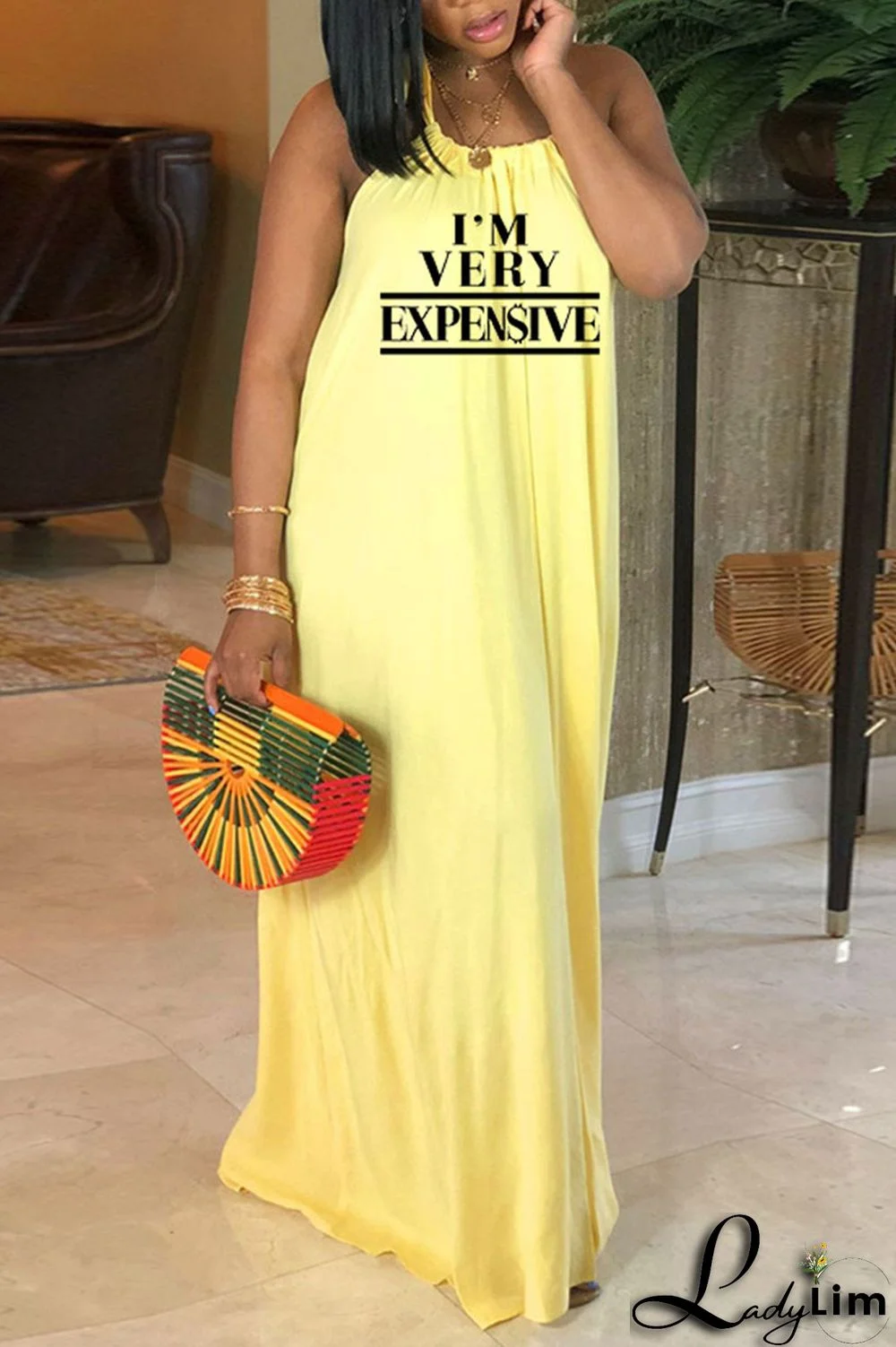 Black Sexy Print Split Joint Backless Halter Straight Dresses