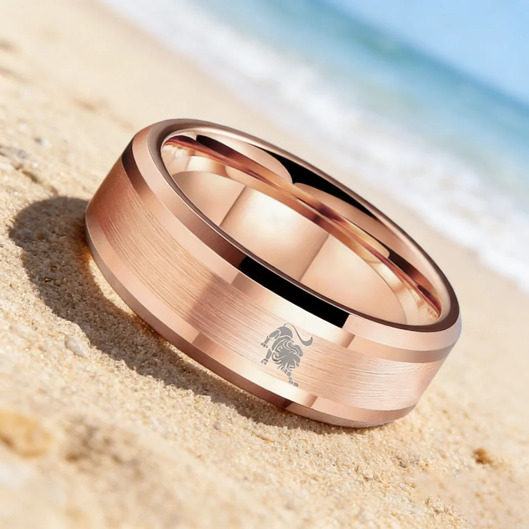 Rose Gold Leo Tungsten Carbide Ring Beveled Edges Rose Gold Laser Etched Couple Wedding Bands 4MM 6MM 8MM Width