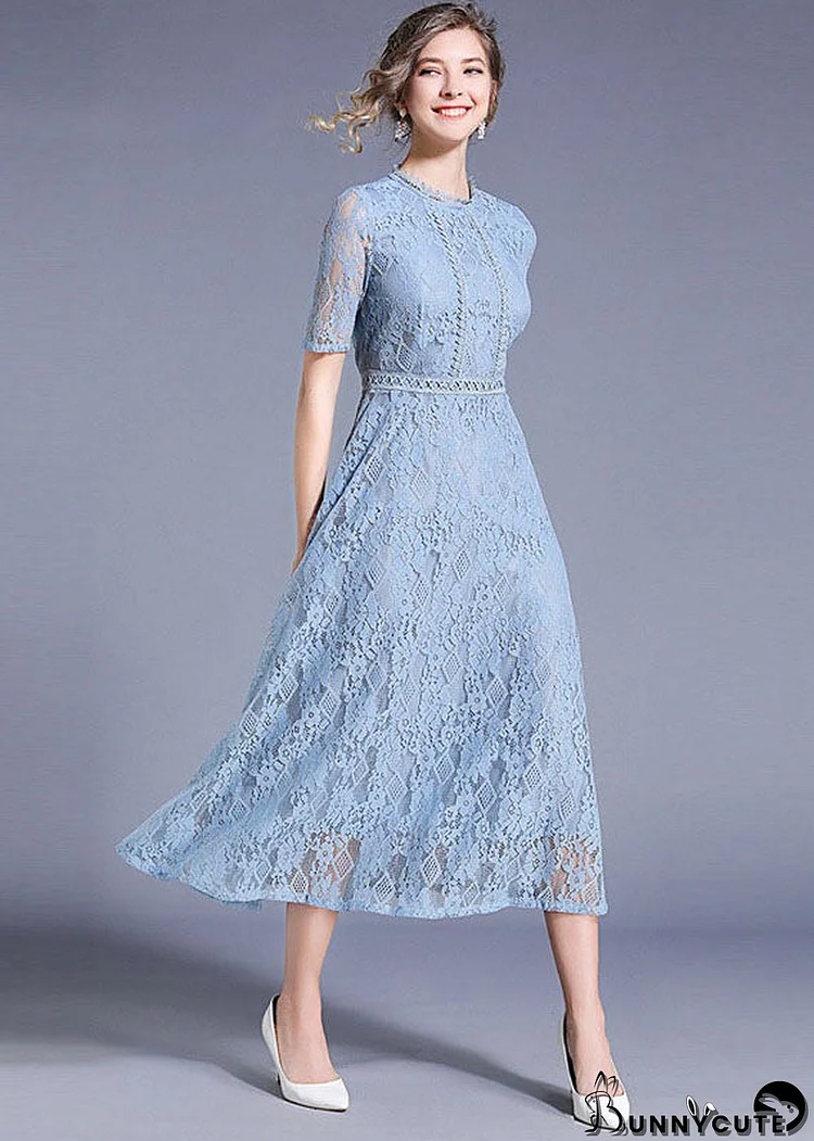 Elegant Blue Hollow Out Embroideried Patchwork Lace Long Dresses Summer