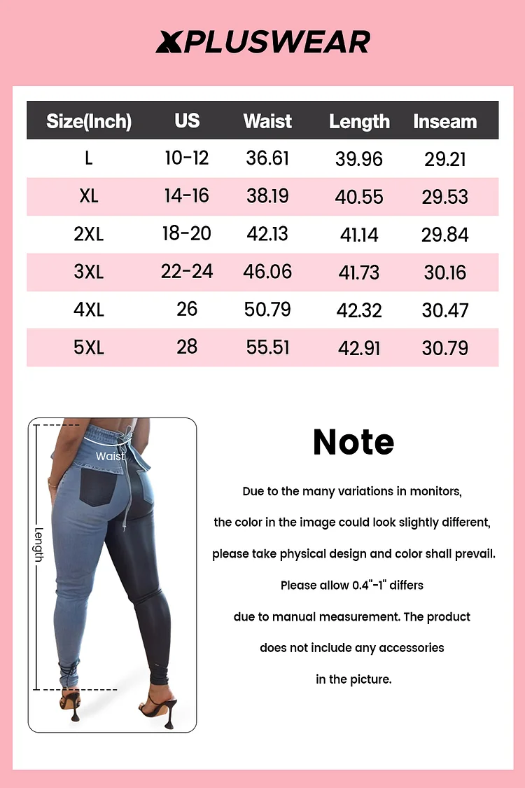 Plus Size Daily PU Leather Light Blue Pocket Casual Contrast Denim Jeans [Pre-Order]