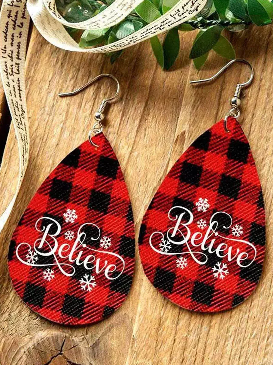 Double-Sided Buffalo Plaid Snowflake Believe Water Drop Earrings