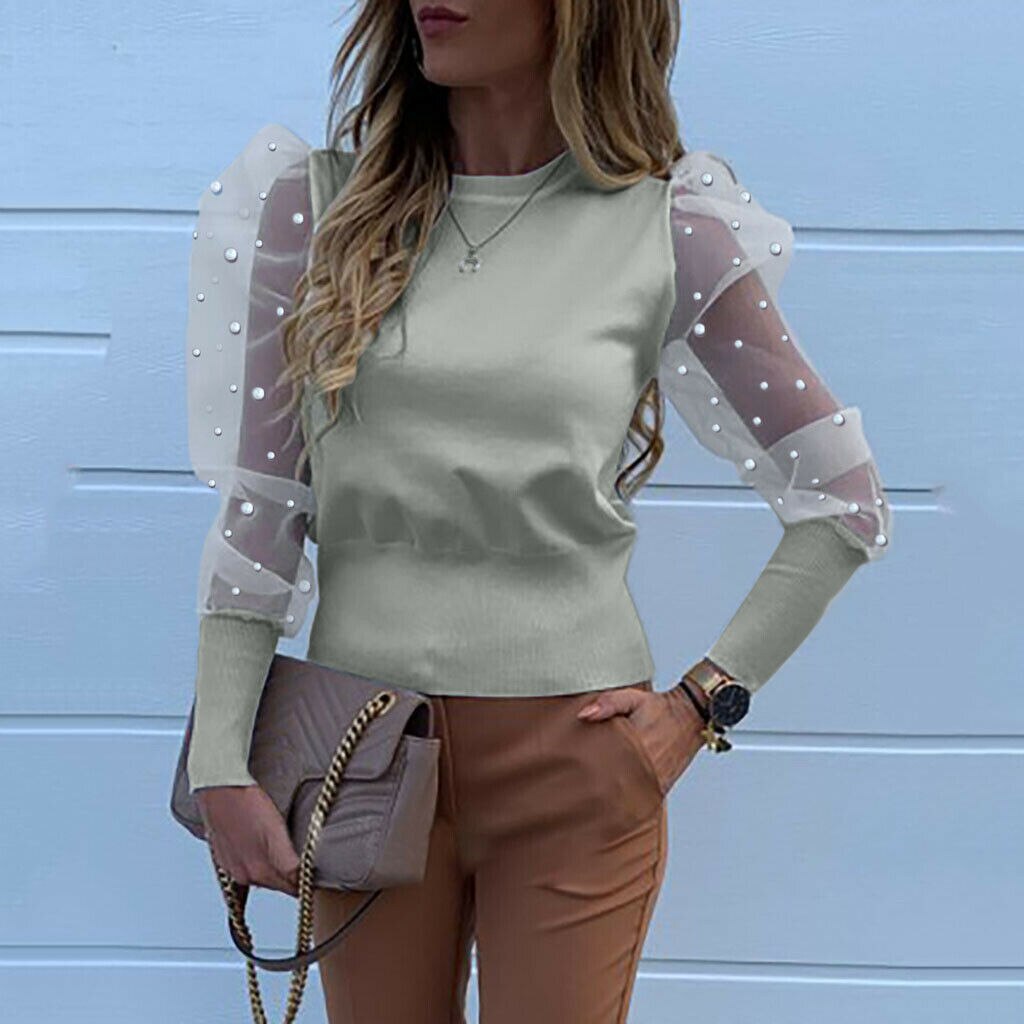 Brand New Autumn Winter Wear Women Patchwork Mesh Puff Sleeve Tops Pullover Sweater Fashion Casual Loose Jumper Shirt