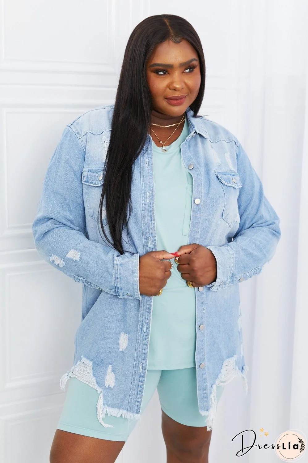 American Bazi Full Size Distressed Raw Hem Denim Jacket