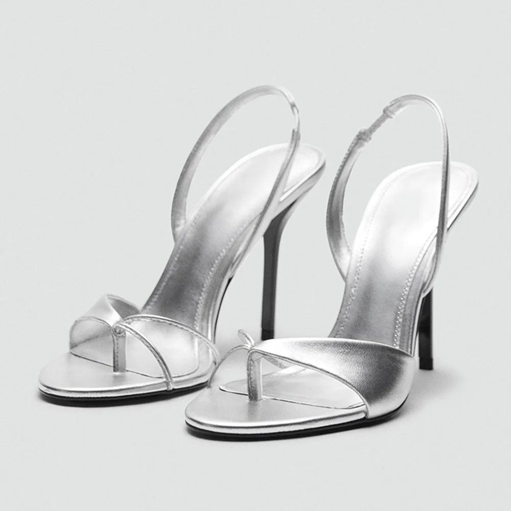 Silver Round Toe Stiletto High Heel Flip Flop Summer Sandals
