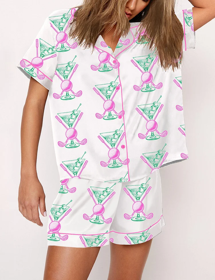 Women&rsquo;s Golf Cocktail Club Summer Design Short Sleeve Satin Pajama Set