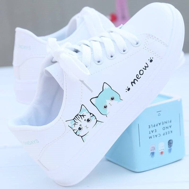 comemore 2021 New Fashion Lace-up Women Sneakers Woman Casual Shoes Printed Summer Women's Pu Shoes Cute Cat Canvas White Shoe