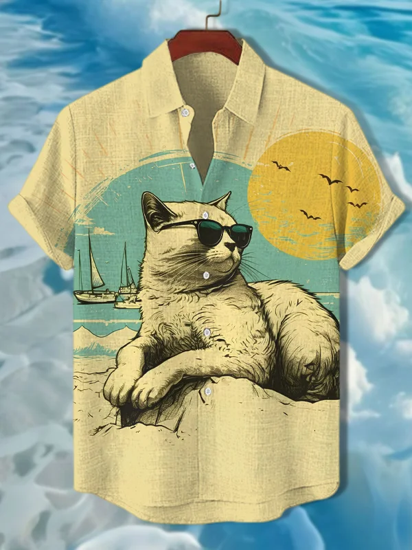 Men's Cat Beach Vacation Art Print Casual Shirt