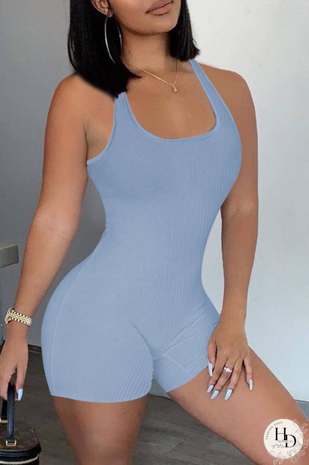 Army Green Casual Sportswear Solid Backless U Neck Skinny Romper