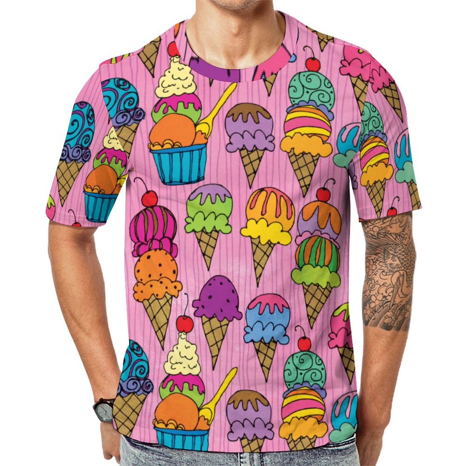 Ice Cream Cones Dessert On Pink Whimsical Short Sleeve Print Unisex Tshirt Summer Casual Tees for Men and Women Coolcoshirts