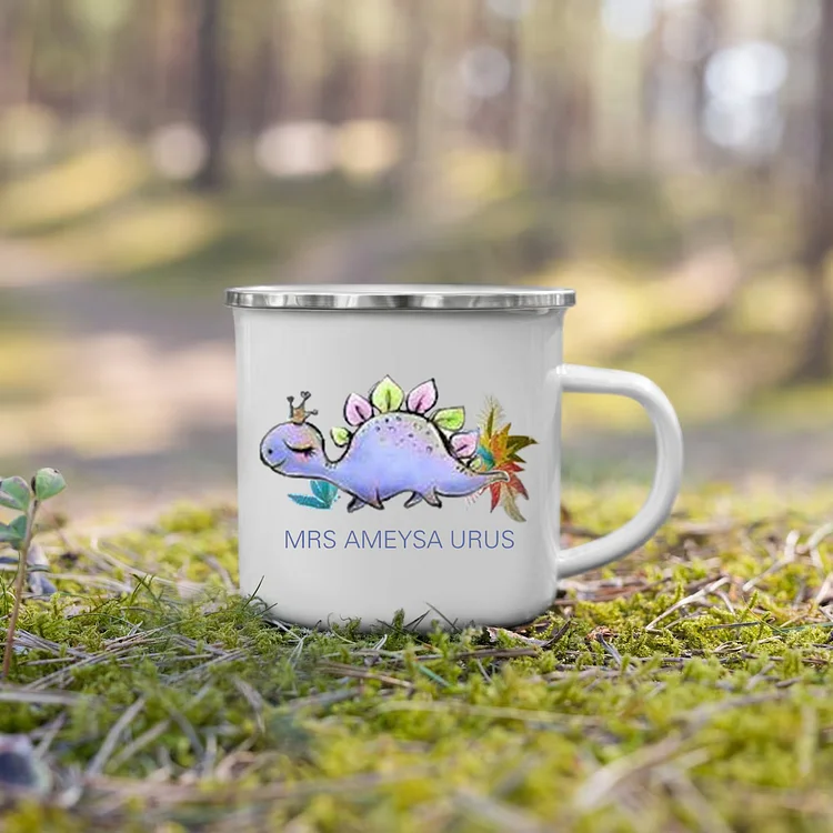 Personalized Enamel Mug Customized Name Dinosaur Cup Camping Mug Birthday Gift for Kids - Stegosaurus