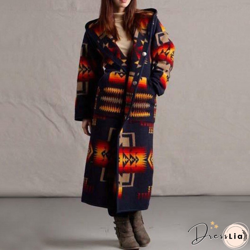 Women Elegant Geometric Print Hooded Coats Fashion Button Pocket Warm Long Cardigan Mujer Autumn Winter Vintage Overcoat Trench