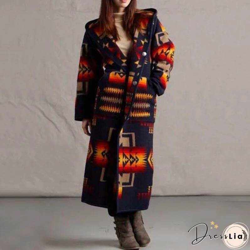 Women Elegant Geometric Print Hooded Coats Fashion Button Pocket Warm Long Cardigan Mujer Autumn Winter Vintage Overcoat Trench