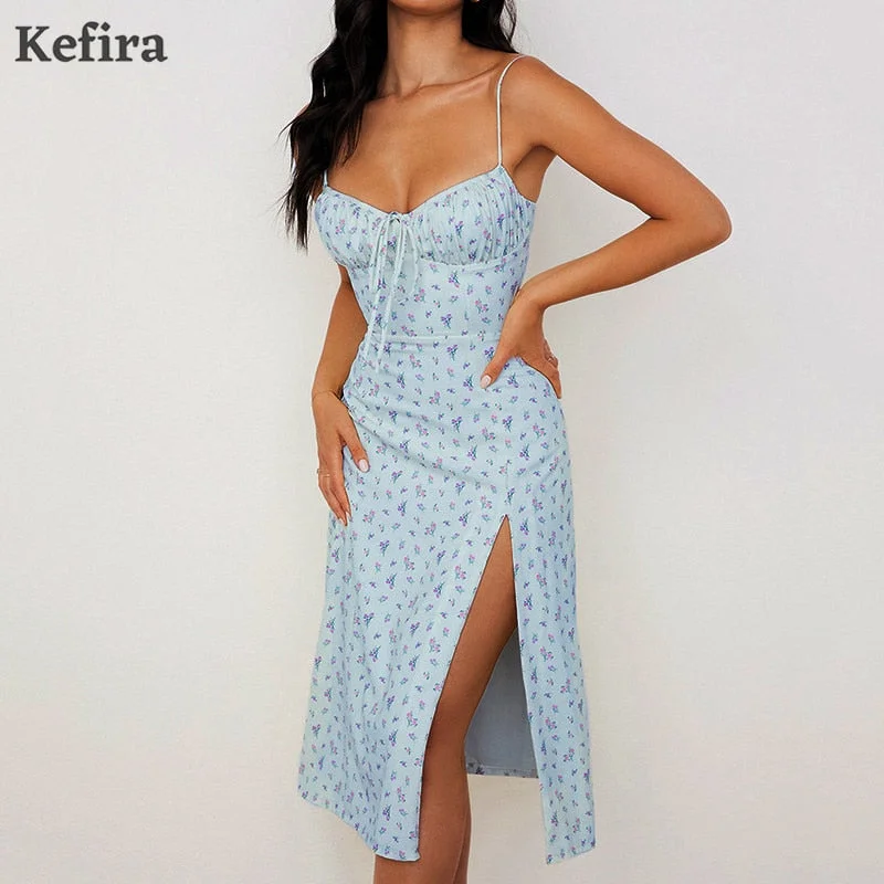 Kefira 2021 Summer Vintage Spaghetti Straps Flower Dress Women V Neck Sexy Slim Split Casual Street Elegant Female Print Dresses