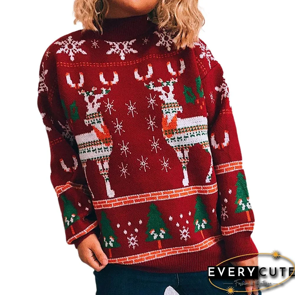 Red Christma Tree Deer Snowflake Print Knit Pullover